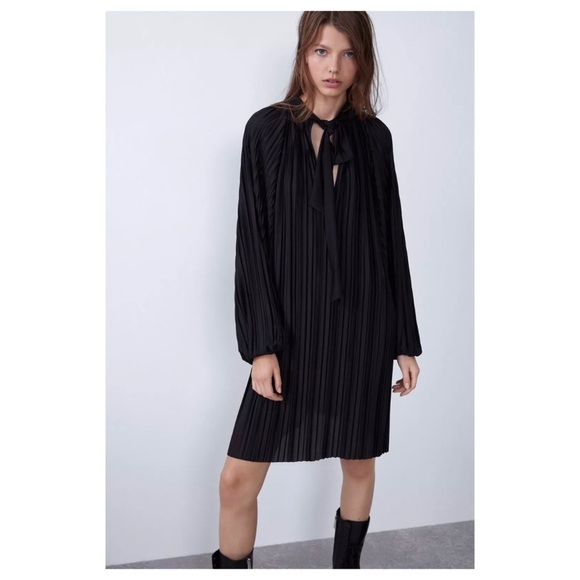 Zara | Black Whimsigoth Pussycat Bow Pleated Dress Blogger’s Favorite | S - Picture 2 of 11